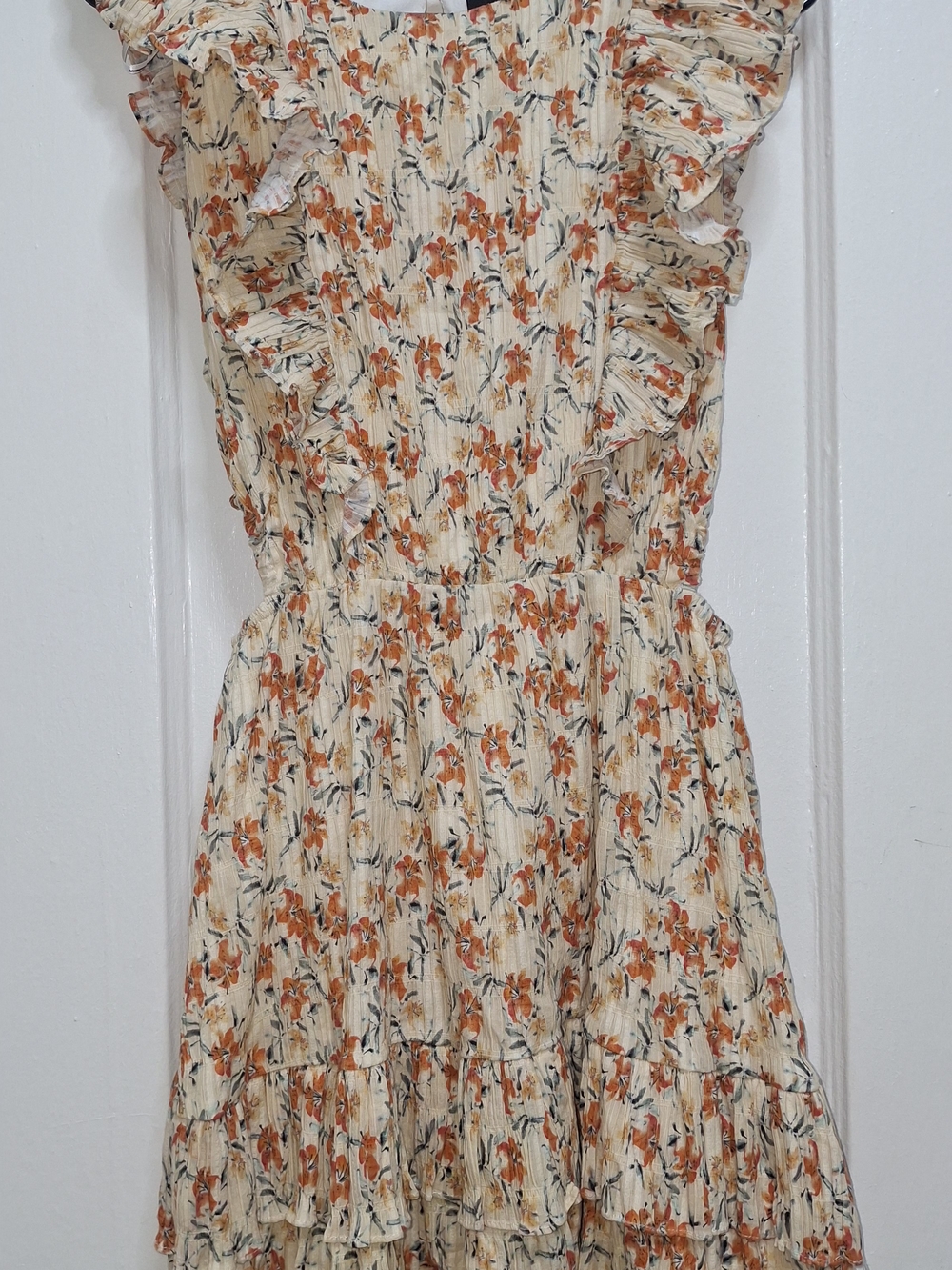 MINKPINK Floral Ruffle Mini Dress Side Cutout Cream Orange Size S NWT - Picture 9 of 17